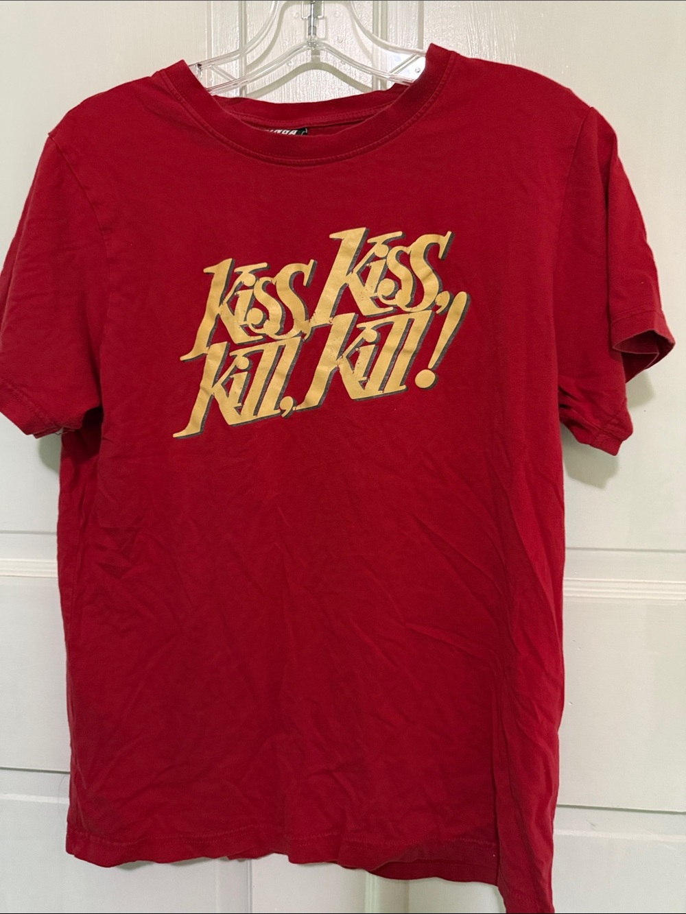 1966 Euro Spy Film Themed Red Graphic Tee with Gold 'Kiss Kiss, Kill Kill' Print